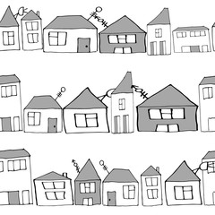 Black and white seamless pattern with houses and trees. Vector illustration