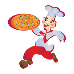 Chef runs pizzey carries a delicious pizza on white background