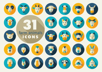 Farm animals flat icons set. Vector head.