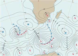 imaginary weather map showing isobars and weather fronts