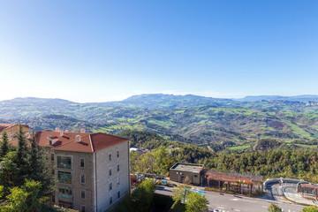 Fototapeta na wymiar San Marino and the Apennine Mountains. Monte Titano is the highest peak