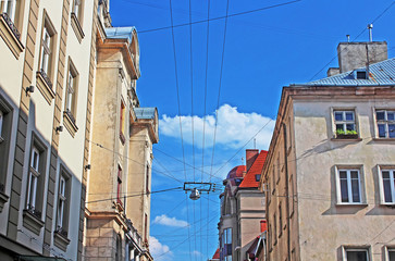 Fototapeta na wymiar Wires and lantern in Lviv, Ukraine