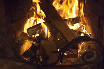 Closeup of firewood burning in fire