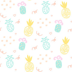 Baby pattern pastel pineapple seamless design. Nursery kid background for bed linen and apparel. Ananas yellow and mint fun pattern.