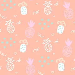 Gordijnen Baby pattern pastel pineapple seamless design. Nursery kid background for bed linen and apparel. Ananas white and pink fun pattern. © YoPixArt