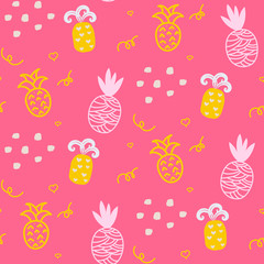 Baby pattern pink pineapple seamless design. Nursery pineapple kid background for bed linen and apparel. Ananas pineapple yellow and pink fun pattern.
