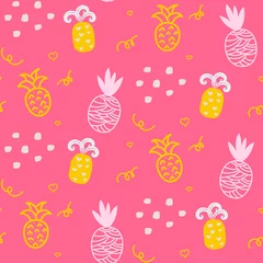Fotobehang Baby pattern pink pineapple seamless design. Nursery pineapple kid background for bed linen and apparel. Ananas pineapple yellow and pink fun pattern. © YoPixArt