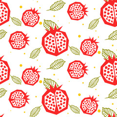 Pomegranate pattern. Seamless garnet fruit and leaf white vector ornament.