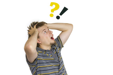 What is going on here! - boy looking up is amazed