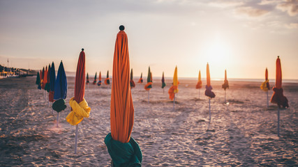 Parasol on Deauville Beach - obrazy, fototapety, plakaty