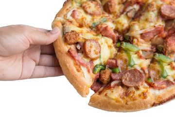 pizza in woman hand isolated on white background