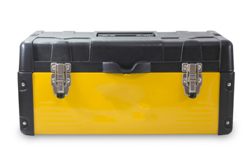 The yellow, plastic tool box. Isolated on white background