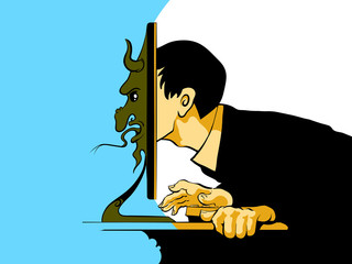 Internet troll sitting at the computer - obrazy, fototapety, plakaty