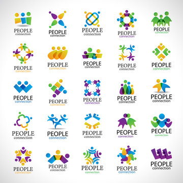 People Connection Icons Set-Isolated On Gray Background-Vector Illustration,Graphic Design Editable For Your Design.Collection Of Happy People,Unity Sign Connected.