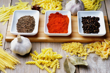 Spice, pasta and garlic