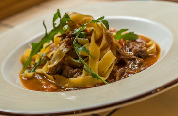 Pasta with meat, tomato sauce 