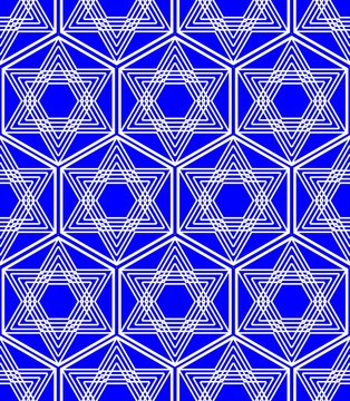 Star of David background in nation Israel colors white and blue, monoline white drawing of star in a hesagonal shape. Repeating seamless patterns.