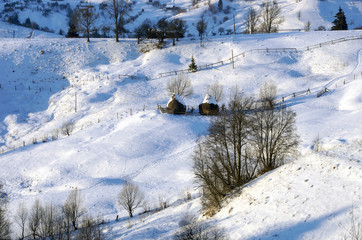 Carpathian mountain valley covered with fresh snow. Majestic lan
