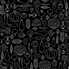 Vector seamless pattern with hand drawn isolated vegetables on black color