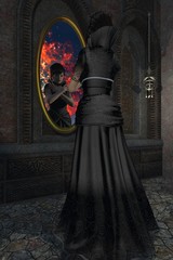 Fairy-tale evil stepmother gazes into magic mirror