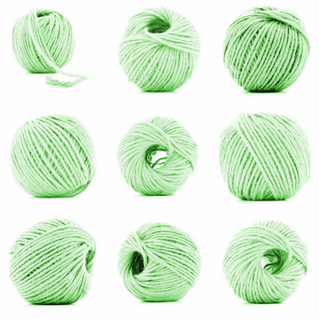 Green roll of woolen cord collection isolated on white background