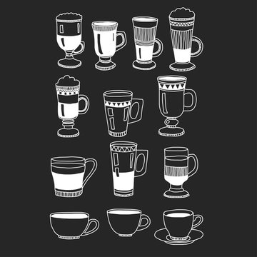 Hand drawn coffee cups on black background