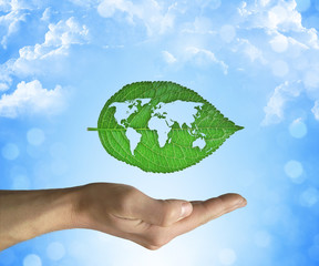 Opened hand holding a green leaf with world map inside on a blue sky background. Eco world concept