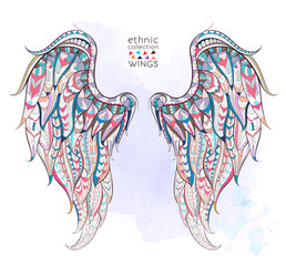 Patterned wings on the grunge background. African / indian / totem / tattoo design. It may be used for design of a t-shirt, bag, postcard, a poster and so on.   - 105786527