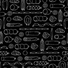 Vector seamless pattern with hand drawn isolated sausage products on black color