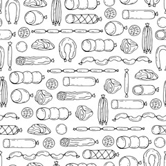 Vector seamless pattern with hand drawn isolated sausage product on white color