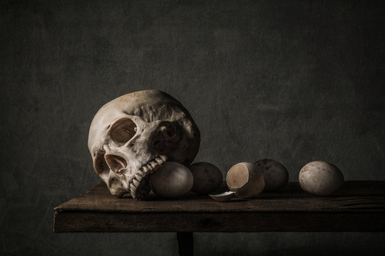 Still life photography with Human skull and eggs