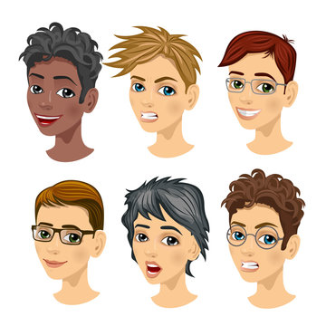 set of teenager boy avatar expressions with different hairstyles