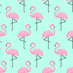Flamingo seamless pattern on mint green background. Pink flamingo vector background design for fabric and decor. - 105787304
