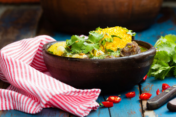 Latin american food. Cazuela - traditional chilean soup served in clay plate from pomaire