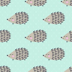 Hedgehog seamless pattern on polka dots background. Cute cartoon animal background. Child drawing style hedgehog illustration. - 105787341
