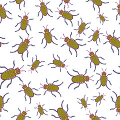 Seamless pattern with hand-drawn insects. Black, yellow on white beetles insect texture. Beetle bug vector pattern ornament.