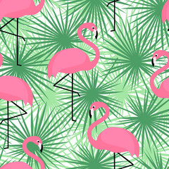 Obraz premium Tropical trendy seamless pattern with flamingos and palm leaves. Exotic Hawaii art background. Design for fabric and decor. Summer fashion print. Pink flamingo illustration.