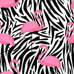 Tropical trendy seamless pattern with flamingos and zebra print. Exotic Hawaii art background. Design for fabric and decor. Summer fashion print. Pink flamingo illustration. Animal skin zebra stripes.
