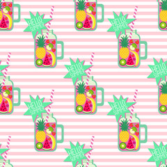 Hello summer seamless pattern. Fresh smoothie and fruits on stripped background. Healthy lifestyle concept. Fresh detox smoothie with strawberry, banana, pineapple, apple, watermelon and kiwi.