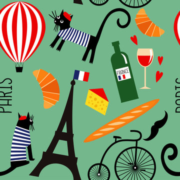 French culture symbols seamless pattern. Cartoon Paris illustration: wine, Eiffel tower, baguette, retro bicycle, mustache, cheese. Summer holidays in Paris vector background.