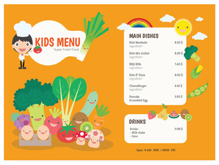 Cute colorful kids meal menu vector template