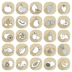 Set of icons with fruit on brown background