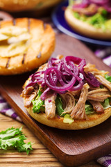 Burger with meat of duck with red onion and lettuce.