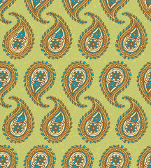 Seamless Pattern with Paisley on a Green Background
