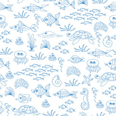 Vector seamless pattern with hand drawn fish on white color