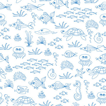 Vector seamless pattern with hand drawn fish on white color