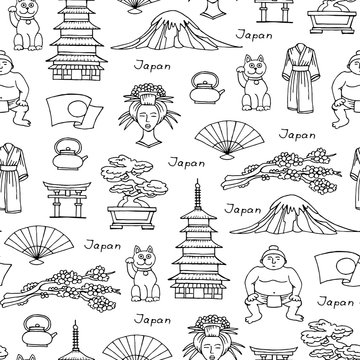 Vector seamless pattern with hand drawn isolated symbols of Japan on white color