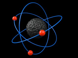 Model of atom on black background, 3D