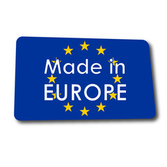 Icono plano MADE IN EUROPE en rectangulo con badera Europa y sombra