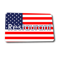 Icono plano Restaurant en rectangulo con badera USA y sombra